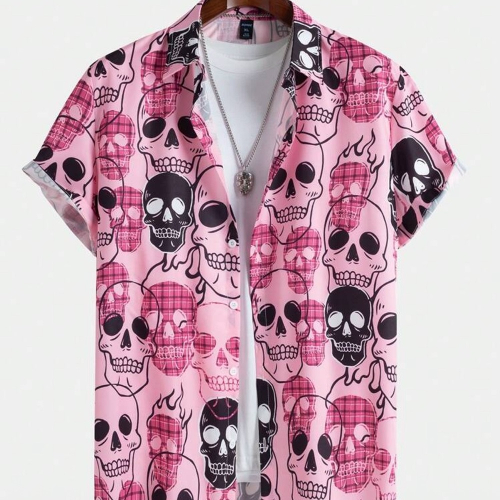 Casual Pink and Black Skull Button Down Shirt
